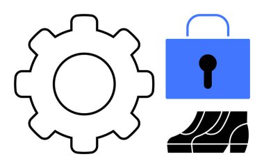 Dişliler, asma kilit ve devre kartı teknoloji entegrasyonu, dijital güvenlik ve otomasyonu temsil ediyor. Siber güvenlik, verimlilik, yenilik, teknoloji endüstriyel süreçlerin korunması için ideal