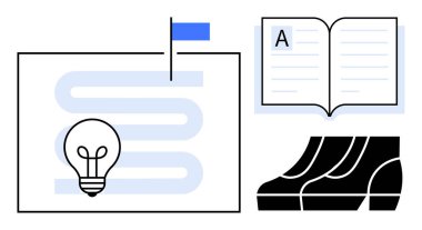 Dolambaçlı bir yolda fikirleri sembolize eden ampul mavi bayraklı bir hedefe götürür. Açık kitap ve ayakkabılar öğrenmeyi ve hareketi çağrıştırıyor. Yenilik, eğitim, hedef belirleme, araştırma, motivasyon için ideal