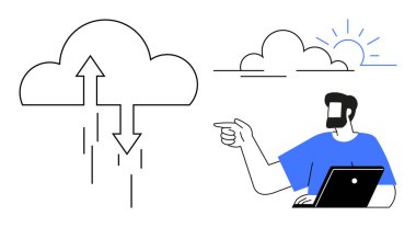 Diz üstü bilgisayarlı bir adam veri transferini temsil eden oklarla bulutu işaret ediyor. Daha fazla bulut ve güneş şekillendirildi. Bulut hesaplama, dijital teknoloji, veri yönetimi, teknolojik yenilik ve bilişim çözümleri için ideal