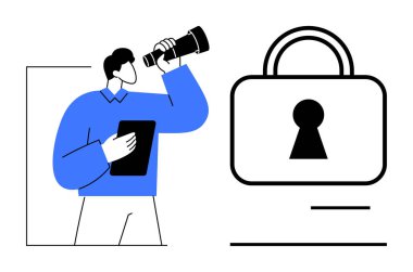 Mavi ceketli biri tablet tutuyor ve teleskopla anahtar delikli büyük bir asma kilide bakıyor. Güvenlik, keşif, gizlilik, koruma, araştırma, izleme ve teknoloji temaları için ideal