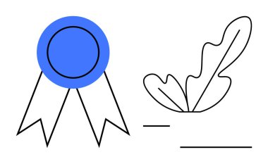 Bir yaprağın siyah çiziminin yanında iki kuyruklu mavi ödül kurdelesi. Tanınma, başarı, mükemmellik, büyüme, başarı, doğa, eğitim için ideal. Temiz soyut çizgi düz metafor