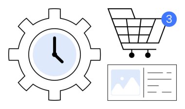 Saat yüzlü teçhizat, tebligatlı alışveriş arabası ve resim kartı. Ecommerce, zaman yönetimi, dijital bildirimler, çevrimiçi alışveriş, görev çizelgesi, üretkenlik otomasyon temaları için ideal