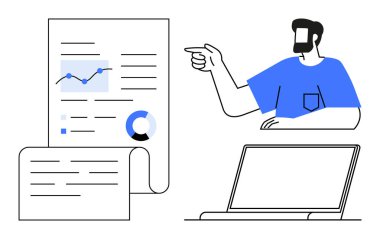 Adam kâğıt üzerindeki çizelge ve grafiklere işaret ediyor. İş analizi, veri sunumu, raporlar, ofis işi, eğitim, dijital öğrenme uzaktan kumandası için idealdir. Soyut çizgi düz metafor