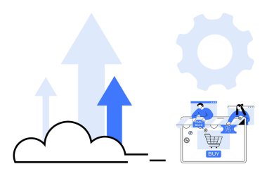 Yukarı bakan oklarla bulut, büyüme ekipmanlarını ve insanlarla çevrimiçi alışveriş arabası ekranını sembolize ediyor. İş büyümesi, teknoloji, e-ticaret, bulut hizmetleri, çevrimiçi alışveriş, veri analizi için ideal