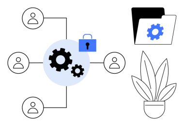 Çevreleyen ağ simgeleri ve kilit sembolleri, teçhizatlı ve bitkili dosya klasörleri. Takım çalışması, güvenlik, veri yönetimi, organizasyon, işbirliği, iş büyümesi, yenilik için ideal
