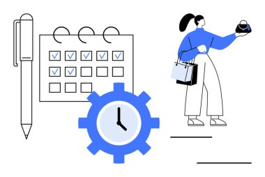 Kontrol edilen takvimin yanında kalem, saatli ekipman, alışveriş torbası taşıyan biri. Program, organizasyon, zaman verimliliği, verimlilik, iş planlama, alışveriş yönetimi teslim tarihleri için ideal. Modern