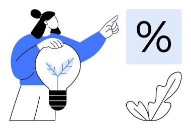 İçinde yaprak olan ampulü tutan kişi yüzde işaretini işaret ediyor. Yenilik için ideal, çevre dostu fikirler, sürdürülebilirlik, finansal büyüme, yeşil teknoloji, enerji verimliliği, çevre