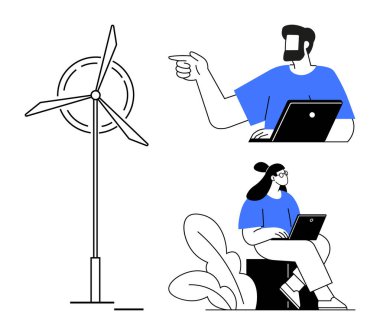 Rüzgar türbini ve laptoplarla işbirliği yapan iki profesyonel yeşil enerji çözümlerini analiz ediyorlar. Takım çalışması, yenilik, sürdürülebilirlik, teknoloji, yenilenebilir enerji, çevre dostu
