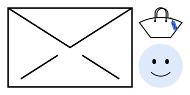 Etrafı basit bir mutlu yüz ve etiketli bir el çantasıyla çevrili. İletişim, mutluluk, alışveriş, müşteri hizmetleri, çevrimiçi işlemler, satın alma sevinci, dijital yazışmalar için ideal