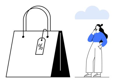 Üzerinde indirim etiketi olan büyük bir alışveriş çantası. Düşünceli bir kadının yanında, bulutun altında çantaya bakıyor. Perakende, indirim, alışveriş, tüketici davranışı, moda, ticaret ve pazarlama için ideal