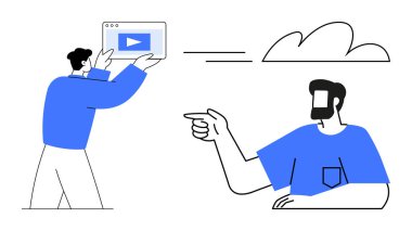 Birbiriyle etkileşen iki figür, biri çalma düğmeli bir medya tableti tutuyor, diğeri işaret ediyor. Takım çalışması, dijital iletişim, medya paylaşımı, işbirliği, teknoloji, sanal toplantılar için ideal