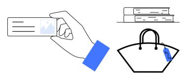 El ele tutuşan kartvizit, yığınla kitap, üzerinde fiyat etiketi olan el çantası. İş, eğitim, alışveriş, kimlik, pazarlama zarif tasarım için idealdir. Soyut çizgi düz metafor