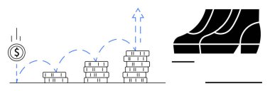 Yükselen bozuk paralar ve yükselen oklar siyah iş ayakkabılarının yanında büyümeyi gösteriyor. Başarı, büyüme, mali iyileşme, yatırım, kariyer ilerlemesi, iş için ideal