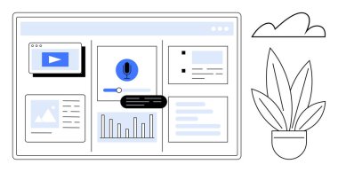 Video, mikrofon, çizelge ve metin blokları da dahil olmak üzere dijital arayüz üzerinde düzenlenmiş multimedya ögeleri koleksiyonu. Sunumlar, uzak çalışma, veri analizi, içerik oluşturma kullanıcısı için ideal