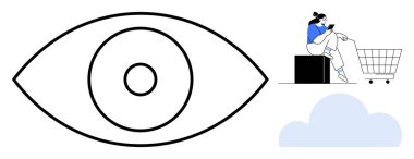 Büyük göz çizgisi, mavi bluzlu kadın telefon, alışveriş arabası ve bulutlu kutuda oturuyor. Teknoloji, izleme, e-ticaret, iletişim, yaşam tarzı, bulut hesaplama mahremiyeti için ideal