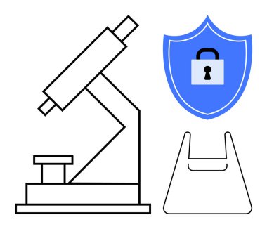 Mikroskop, kilitli kalkan, kavramsal olarak bilim, güvenlik, laboratuvar işleri ve araştırma koruması için beyaz test tüpü standı. Eğitim, güvenlik, sağlık hizmetleri veri güvenliği için ideal