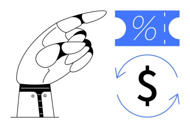 İndirim kuponunu işaret eden yüzde işareti ve dolar işaretini çevreleyen dairesel ok. Terfi, indirim, finans, dış ticaret, tasarruf stratejileri, yatırım, satış için idealdir. Soyut