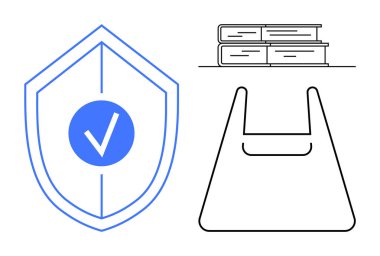 Güvenliği simgeleyen işaretli bir kalkan, eğitim için bir yığın kitap ve ticaret için bir alışveriş çantası. Koruma, öğrenme, perakende, güvenlik, bilgi, tüketim gibi kavramlar için idealdir