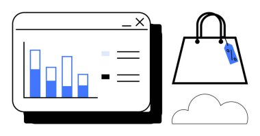 Dijital penceredeki çubuk grafik veri analizini, fiyat etiketli alışveriş çantasını ve bulut depolama simgesini gösteriyor. İş analizleri, e-ticaret, veri görselleştirme, pazar eğilimleri, çevrimiçi alışveriş için ideal