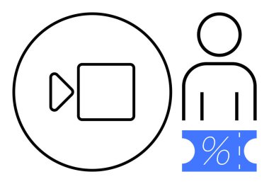 Video kamera sembolü ve mavi indirim kuponunun yanındaki kişi simgesi. Çevrimiçi öğrenme, web siteleri, dijital içerik, abonelikler, e-öğrenme anlaşmaları, tanıtım teklifleri, sanal olaylar için ideal