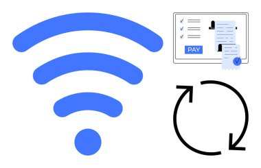 Dijital ekranda faturaları ve siyah senkronize güncelleme sembolü olan ödeme listesinin yanında büyük mavi kablosuz sinyal simgesi. Finans, teknoloji, bağlantı, fatura, otomasyon için ideal