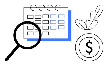 Bir takvime odaklanan büyüteç, programın önemini vurguluyor. Bitki yetiştirme elementi ile bitişik para sembolü. Finansal planlama, yatırım, tasarruf, bütçe ve zaman için ideal