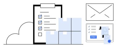 İşaretli panolar, istiflenmiş kutular, e-posta zarfı ve dijital ödeme ekranı. E-ticaret, lojistik, dijital işlemler, dağıtım hizmetleri, çevrimiçi ödeme sıralaması izleme için ideal