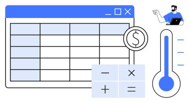 Hücreli çizelge, para birimi sembolü, temel hesap makinesi, termometre göstergesi ve dizüstü bilgisayarı olan kişi. Finansal planlama, bütçe, veri analizi, iş büyüme teknolojisi için ideal