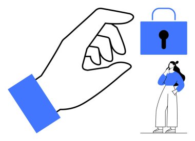 Büyük bir el uzanıyor, mavi kilit ve düşünceli bir insan. Konseptler için ideal güvenlik, karar verme, problem çözme, koruma, farkındalık mahremiyeti ve tefekkür. Modern