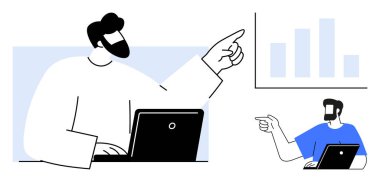 Bir dizüstü bilgisayarda çalışan profesyonel işadamı çubuk grafiğe işaret ediyor, başka bir fiği de grafiğe işaret ediyor. Sunumlar, takım çalışması, analitik, çevrimiçi öğrenme, webinarlar, veriler için ideal
