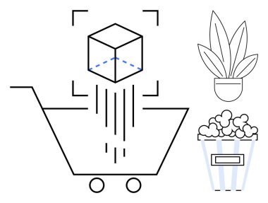 Küp, yanında patlamış mısır kovası ve bitkiyle alışveriş arabasına düşer. Çevrimiçi alışveriş, dijital işlemler, sanal gerçeklik, e-ticaret, tüketici davranışı, dijital pazarlama, perakende büyümesi için ideal
