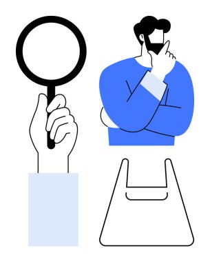 Elleri büyüteç, insan düşünceli çeneler, alışveriş torbası taslağı. Araştırma, karar verme, soruşturma, analiz, alışveriş, araştırmacı davranışları için ideal