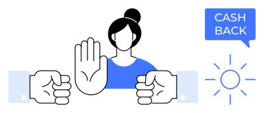 Woman raises hand to stop two fists. Blue speech bubble displays CASH BACK beside sun icon. Ideal for financial caution, customer service, promotional strategies, conflict resolution, refunds clipart