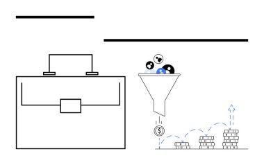 Bavul, baca filtreleme kullanıcı simgelerini yukarı doğru büyüyen yığınlar halinde sikkelerin içine filtreler. Ticari büyüme, pazarlama, dönüşüm, satış, verimlilik, finansal planlama, soyut düz çizgi için ideal