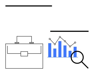 Çubuk grafiğinin yanında, hatta düğümler olan bir evrak çantası. Veri odaklı büyüteç. İş stratejisi, analitik, büyüme, finans, araştırma, yönetim, soyut çizgi için ideal