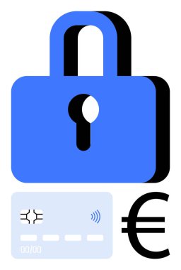 Mavi kilit, kablosuz sinyalli kredi kartı ve avro para birimi işareti güvenli işlemleri sembolize ediyor. Finans, siber güvenlik, e-ticaret, mobil bankacılık, çevrimiçi ödemeler, gizlilik soyut