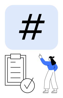 Mavi elbiseli kadın üstveri etiketi simgesini işaret ediyor, işaretli liste görev tamamlanma, sosyal medya, organizasyon, iletişim, dijital pazarlama, üretkenlik, modern kavramları vurguluyor