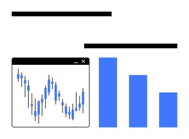 Mavi çubuk grafiğinin yanındaki tarayıcı penceresinde şamdan şeması, finansal veya hisse senedi verilerinin izlenmesi. Sunumlar için ideal, hisse senedi performans değerlendirmeleri, mali tahminler, yatırım analizleri, pazar