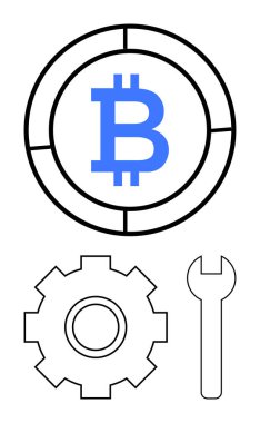 Dairesel çerçeveli Bitcoin logosu. Yanında da ekipman ve anahtar simgeleri var. Kripto para birimi, engelleme zinciri, dijital yenilik, fintech araçları, teknik destek, ademi merkeziyetçi finans, soyut