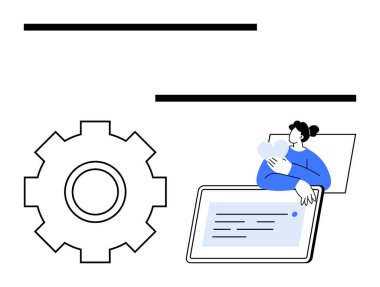 Tabletli bir kadının yanında büyük bir vites var. Takımlar için ideal, teknoloji, yenilik, dijital araçlar, otomasyon, süreç iyileştirme, iş akışı. Minimalist soyut çizgi düz metafor