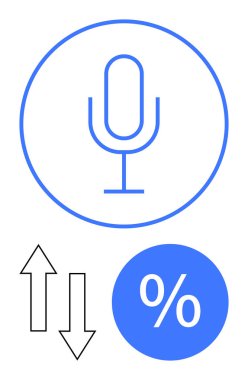 Mavi daireli mikrofon, yukarı ve aşağı siyah oklar, mavi yüzde işareti. İletişim, analitik, ses, istatistik, büyüme düşüşü konuşması için ideal. Soyut çizgiyi temsil eder