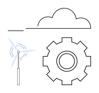 Rüzgâr türbininin yanında bir bulutun altında enerji üretir. Sürdürülebilirlik, yenilenebilir enerji, yenilik, teknoloji, temiz güç, eko-verimlilik, soyut düz metafor için ideal