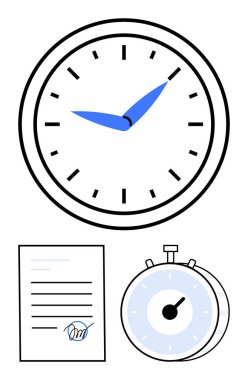 Saat, kronometre ve imzalı belge zaman yönetimi, teslim tarihleri, verimlilik ve verimliliği vurguluyor. Planlama, görev öncelikleri ve iş zamanlama sözleşmeleri için ideal dakiklik zamanlaması