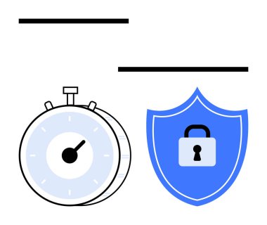 Mavi kalkanın yanındaki kronometre, kilit sembolü hızlı ve güvenli süreçleri gösteriyor. Siber güvenlik, gizlilik, verimlilik, zaman yönetimi, dijital güvenlik, güvenilirlik, soyut çizgi için ideal