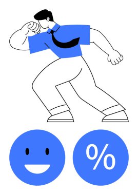 Mavi gömlekli ve kravatlı kendine güvenen işadamı, dinamik bir duruş sergiliyor, mavi gülen yüzüyle ve aşağıdaki sembol daireleriyle. Ticari başarı, motivasyon, büyüme, başarı, pozitiflik için ideal