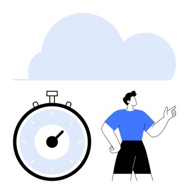 Stopwatch person in blue shirt pointing and cloud. Ideal for business, productivity, time management, scheduling, planning, efficiency, organization. Line metaphor clipart