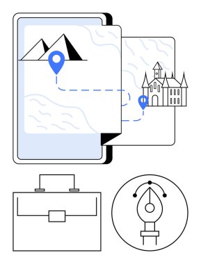 Dağlardan binaya giden yolu tablet, evrak çantası ve kalem aletiyle haritala. Seyahat, tasarım, yaratıcılık, planlama, navigasyon, iş keşfi için ideal düz bir metafor