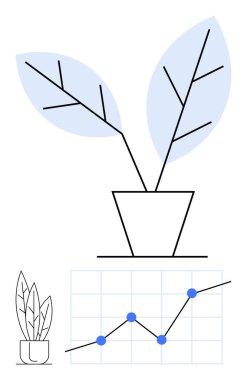 Kabın içine dallanan yapraklar ve yukarı doğru giden yolu gösteren çizgi grafiği olan bir bitki. Büyüme, ilerleme, başarı, çevre, strateji planlaması, gelişme, soyut çizgi düz metaforu için ideal