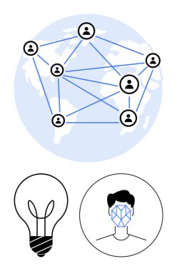 Birbirine bağlı profil simgelerine sahip dünya haritası, yeniliği sembolize eden parlayan bir ampul ve yüz tanıma desenli bir yüz. AI, teknoloji, yenilik, işbirliği ve küresel için ideal