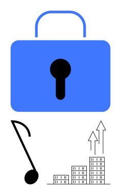 Anahtar delikli mavi kilit, siyah nota ve oklarla yükselen çubuk grafiği. Güvenlik, yaratıcılık, büyüme, yenilik, üretkenlik, gelişim, soyut çizgi düz metaforu konuları için ideal